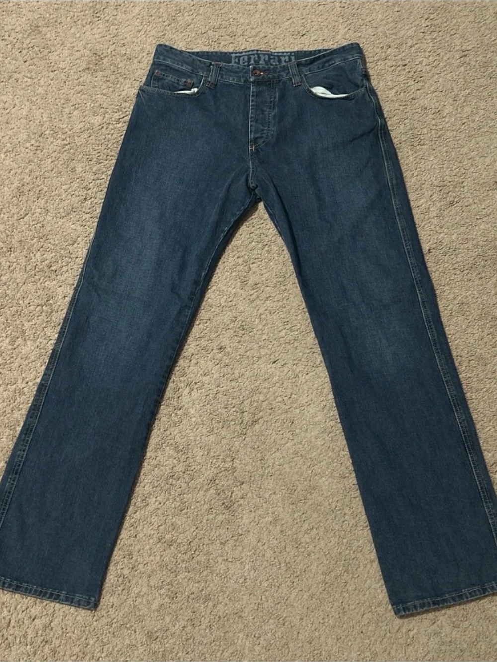 VTG Ferrari Button Fly Blue Denim Jeans Leather Logo Italian Men’s 33x32 IT 50